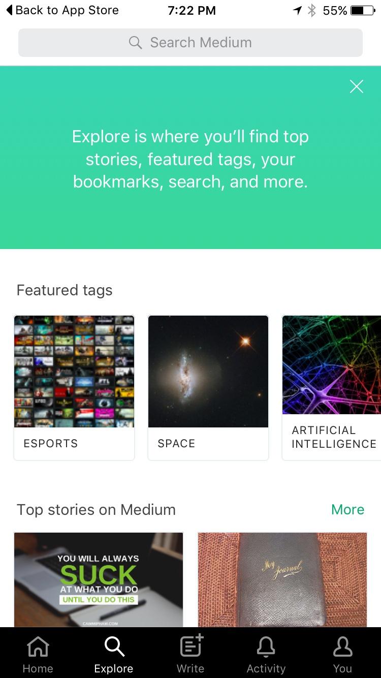 Medium — Everyone's Stories  通知Snackbar广告条