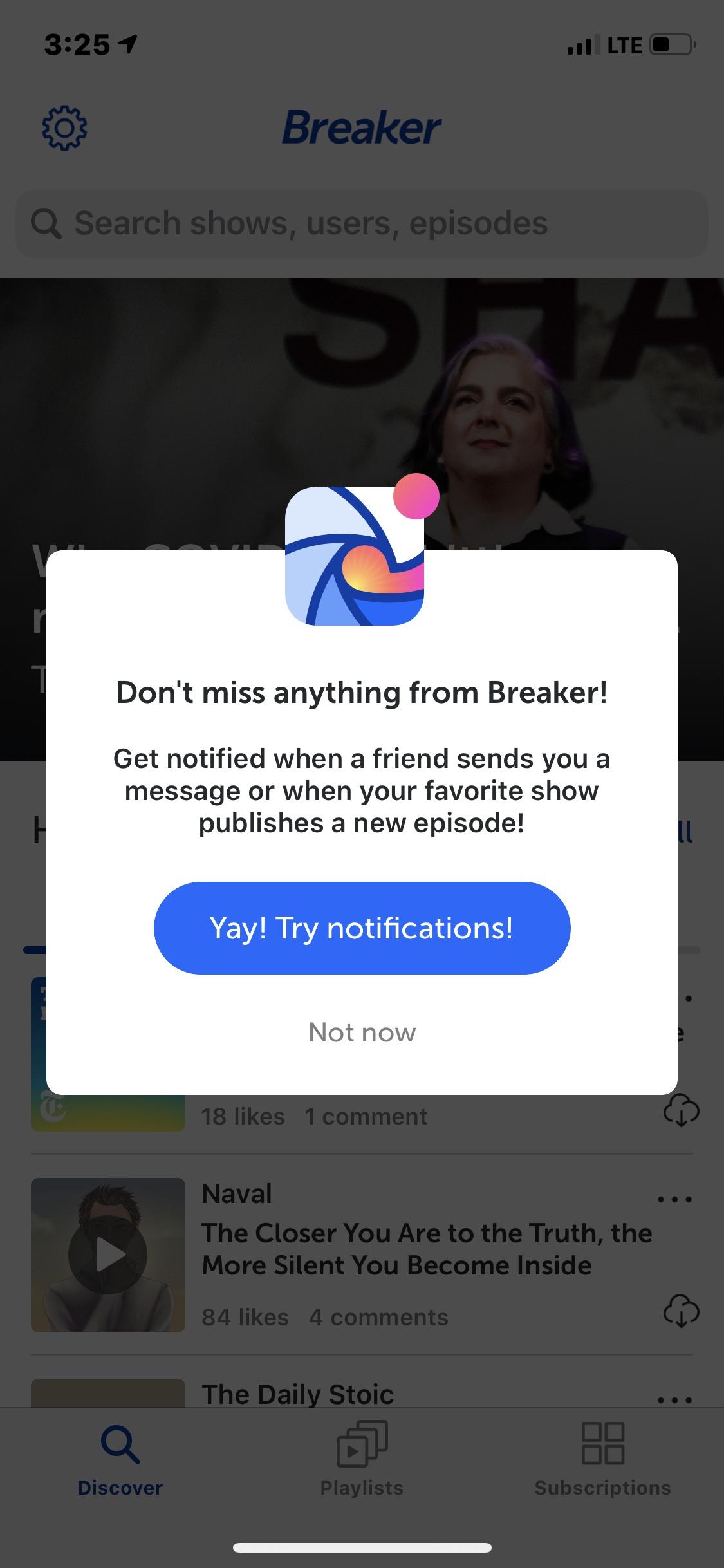 Breaker—The social podcast app  请求许可通知Snackbar广告条
