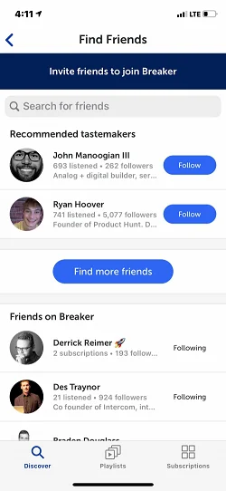 Breaker—The social podcast app  搜索邀请和添加好友
